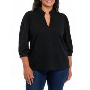 Crown & Ivy Black Jacquard Top Blouse Plus 4X Ruffle V-Neck 3/4 Sleeve NWT